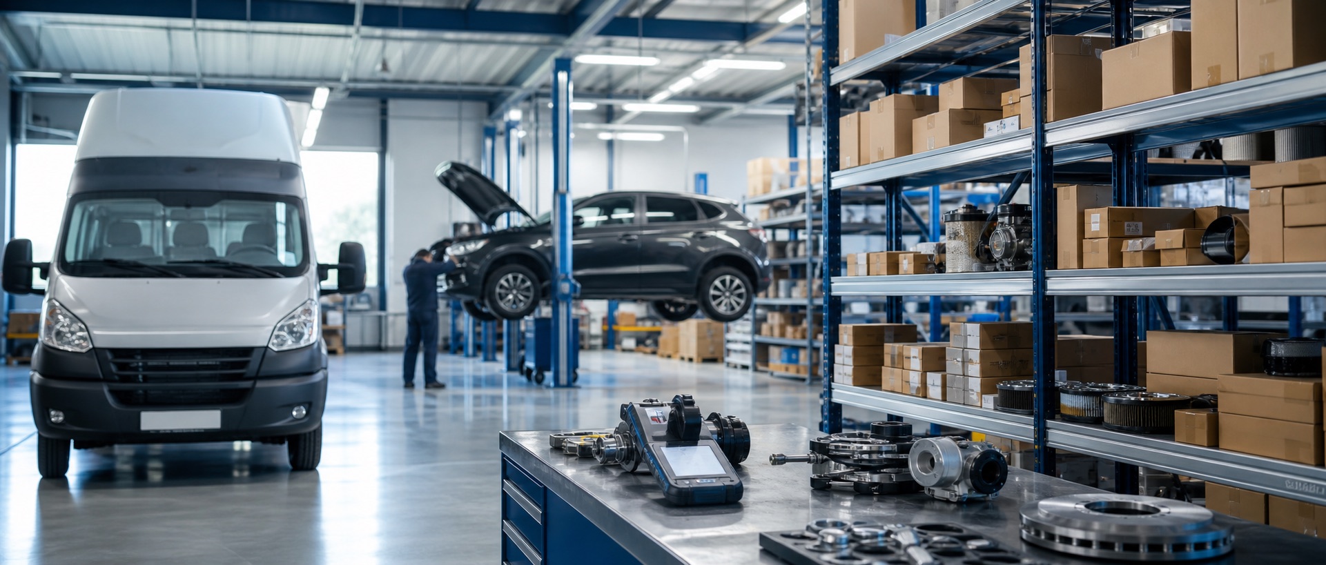Organized automobile parts supply workshop serving passenger and commercial vehicles